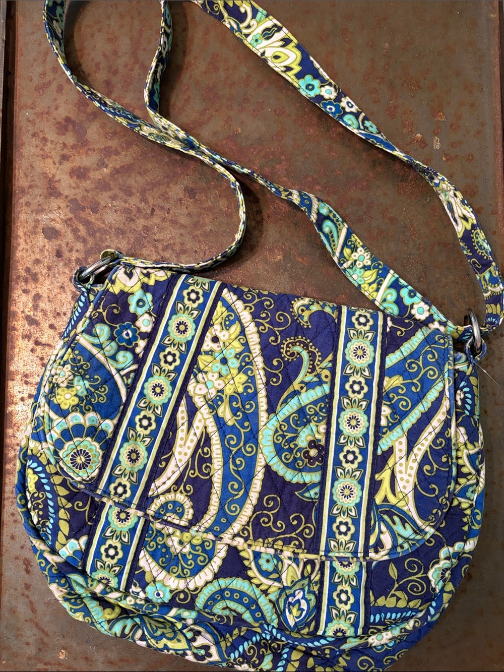 Vera Bradley Rhythm & Blues (Retired ‘12) Saddle Up Crossbody Blue/Green Paisley